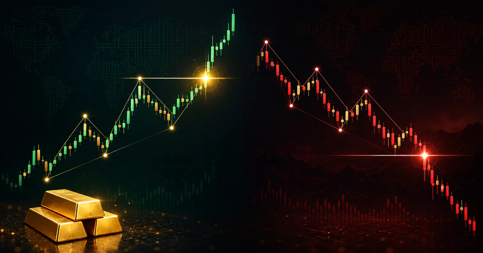 Minh họa BOS tăng và BOS giảm trong cấu trúc thị trường XAUUSD