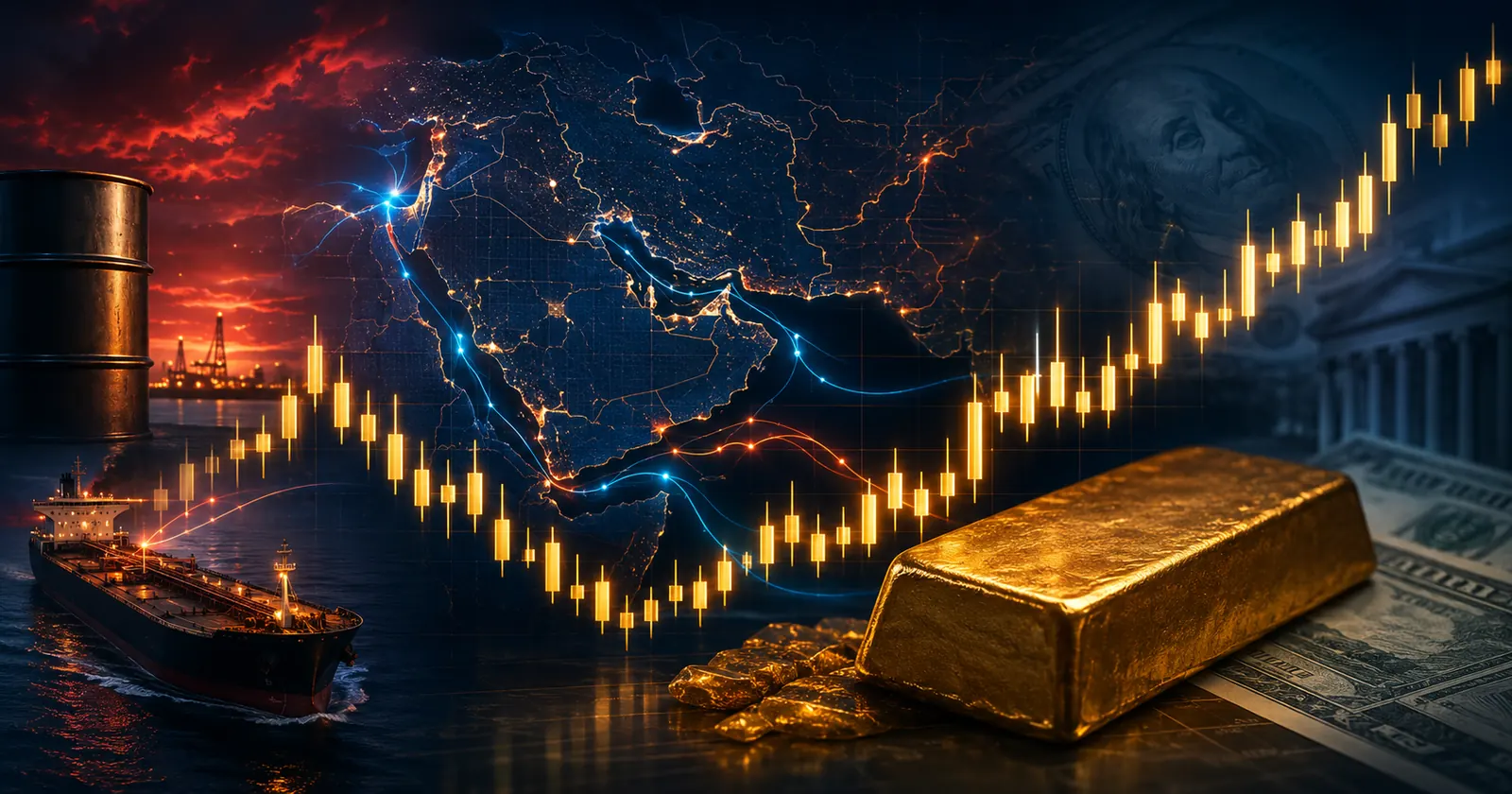 Minh họa xung đột Trung Đông tác động đến dầu, USD, lợi suất và giá vàng XAUUSD